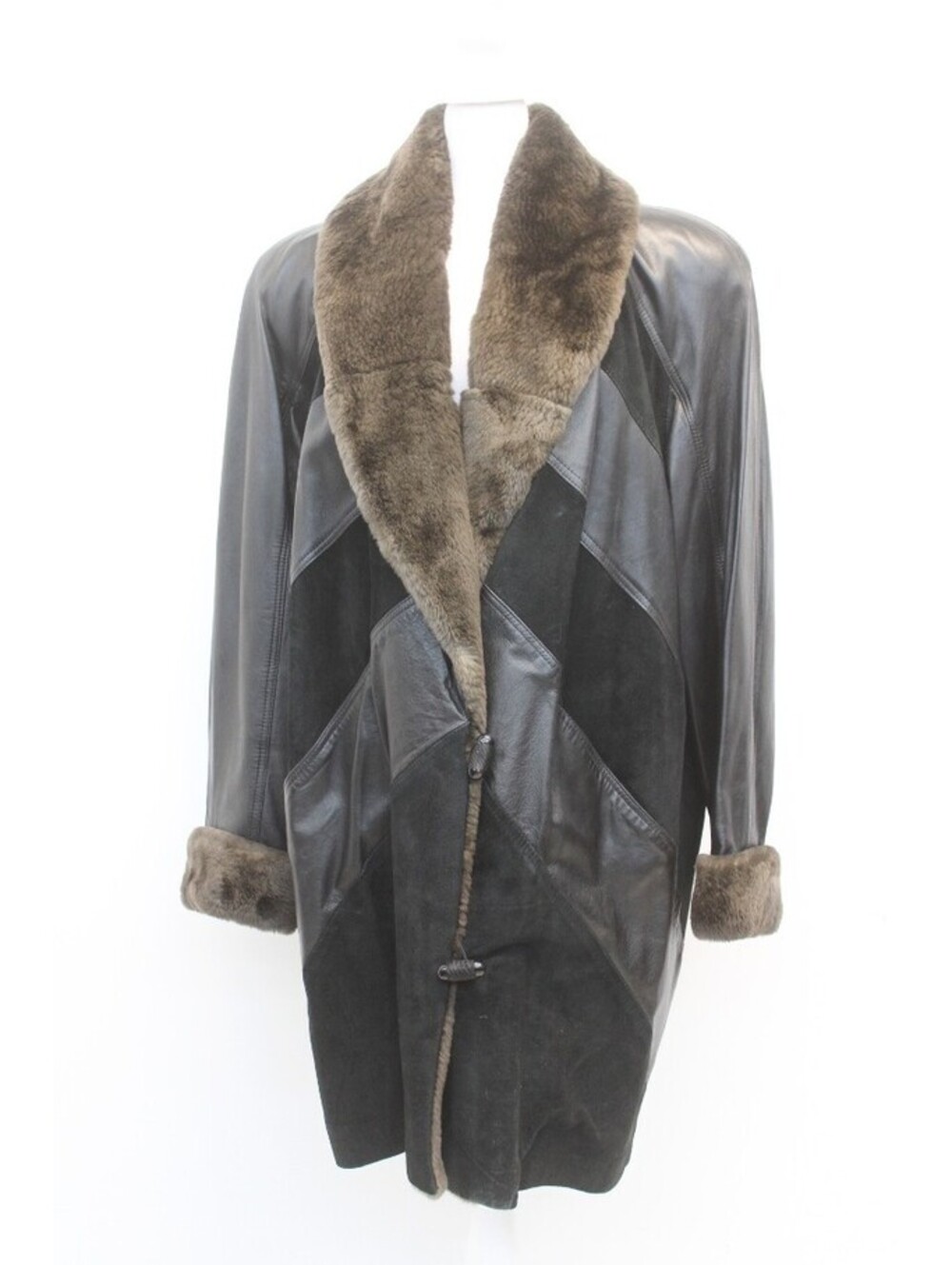 EXCELLENT BLACK SHEARED RABBIT FUR LINED LEATHER COAT JACKET WOMEN WOMAN 10-12